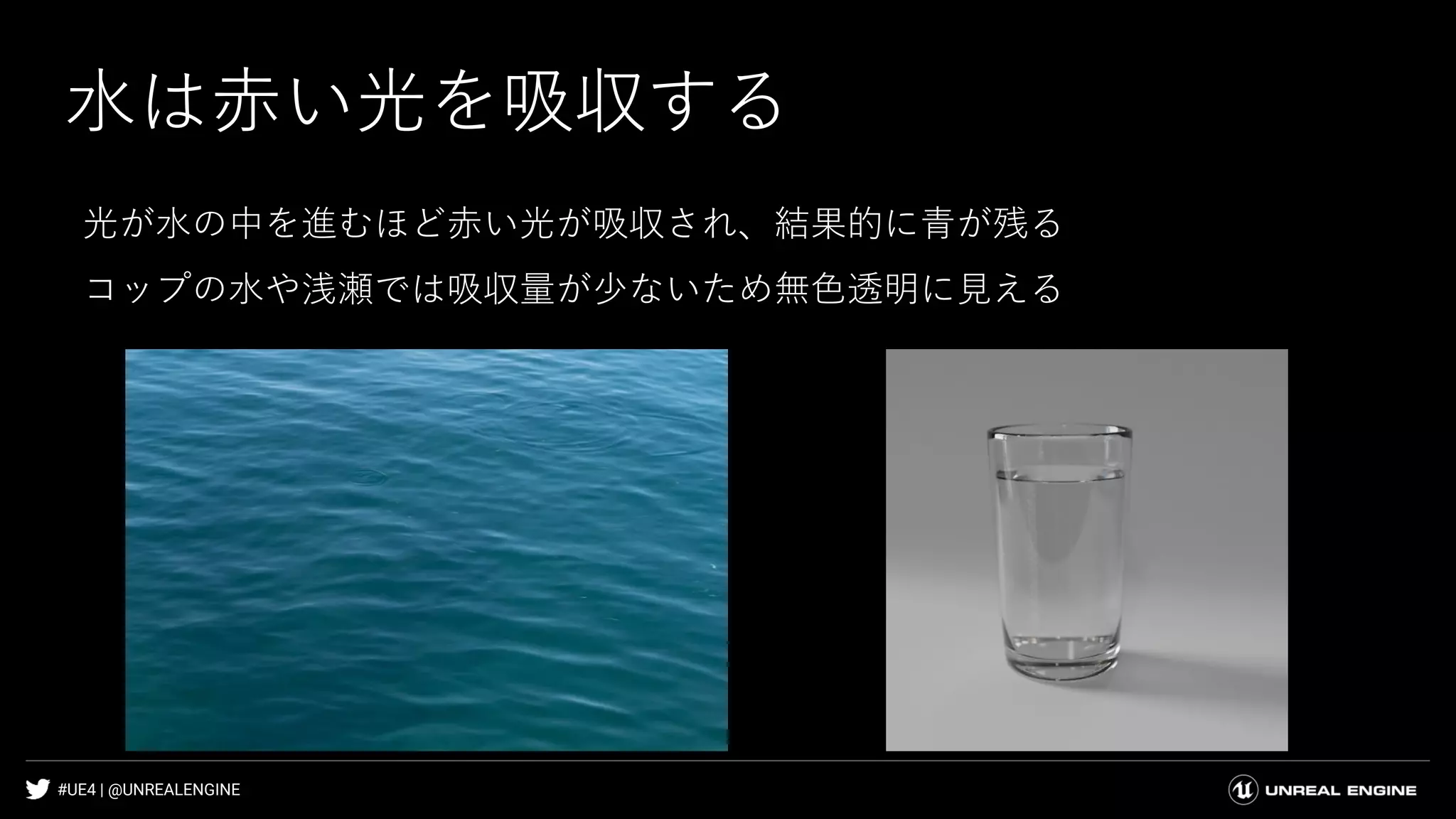 #UE4 | @UNREALENGINE
水は赤い光を吸収する
光が水の中を進むほど赤い光が吸収され、結果的に青が残る
コップの水や浅瀬では吸収量が少ないため無色透明に見える
 