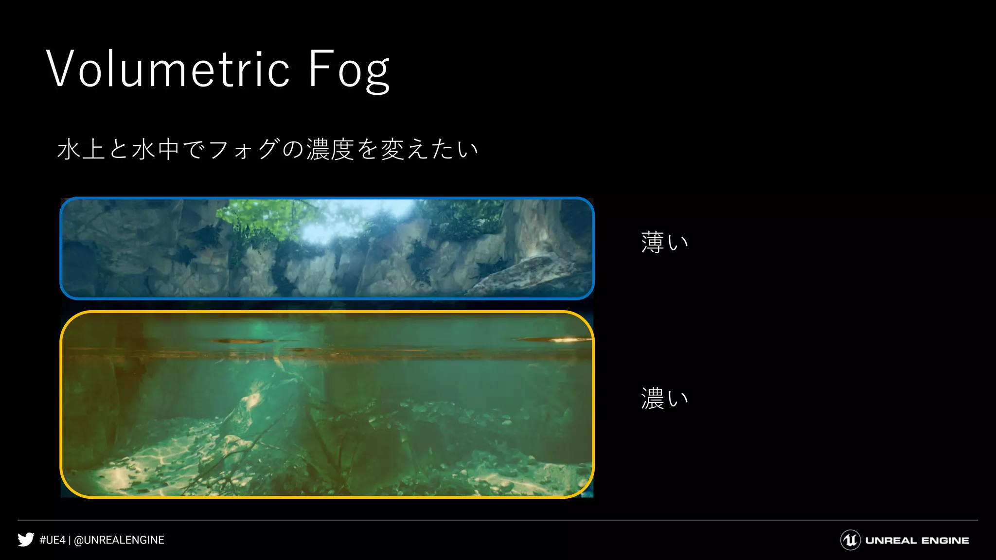 #UE4 | @UNREALENGINE
Volumetric Fog
水上と水中でフォグの濃度を変えたい
濃い
薄い
 