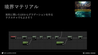 #UE4 | @UNREALENGINE
境界マテリアル
矩形に開いたUVからグラデーションを作る
テクスチャでもよさそう
 