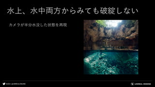 #UE4 | @UNREALENGINE
水上、水中両方からみても破綻しない
カメラが半分水没した状態を再現
 