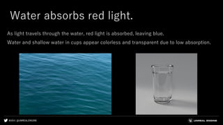 #UE4 | @UNREALENGINE
Water absorbs red light.
As light travels through the water, red light is absorbed, leaving blue.
Water and shallow water in cups appear colorless and transparent due to low absorption.
 
