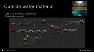 #UE4 | @UNREALENGINE
Outside water material
Add Pixel Normal for Screen UV
Physically incorrect
 