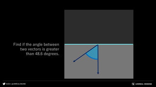 #UE4 | @UNREALENGINE
Find if the angle between
two vectors is greater
than 48.6 degrees.
 