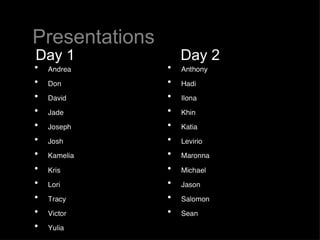 Presentations Day 1 Day 2 