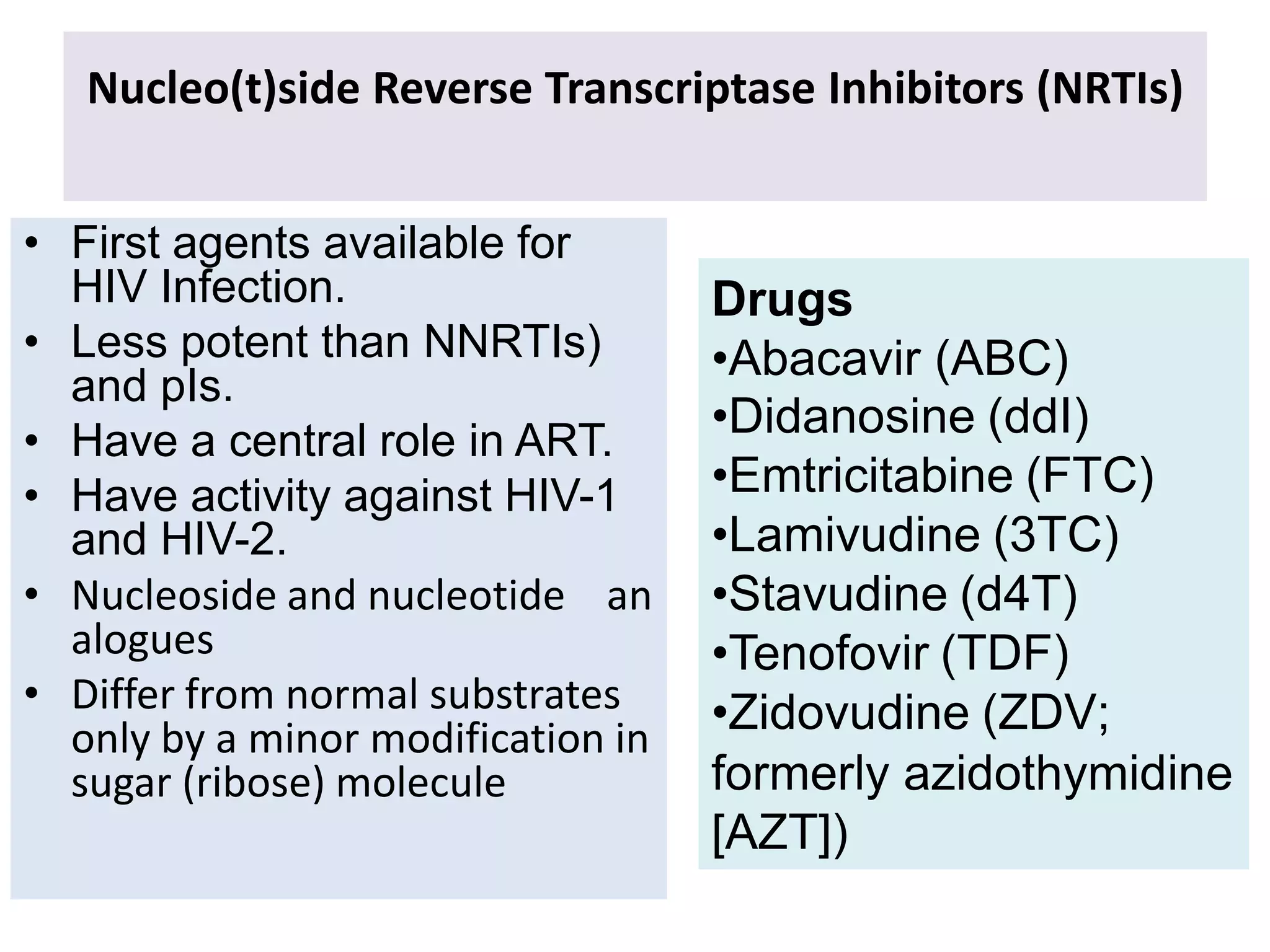 Nucleo(t)side Reverse Transcriptase Inhibitors (NRTIs)
• First agents available for
HIV Infection.
• Less potent than NNRTIs)
and pIs.
• Have a central role in ART.
• Have activity against HIV-1
and HIV-2.
• Nucleoside and nucleotide an
alogues
• Differ from normal substrates
only by a minor modification in
sugar (ribose) molecule

Drugs
•Abacavir (ABC)
•Didanosine (ddI)
•Emtricitabine (FTC)
•Lamivudine (3TC)
•Stavudine (d4T)
•Tenofovir (TDF)
•Zidovudine (ZDV;
formerly azidothymidine
[AZT])

 