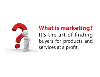 What is marketing?
It’s the art of finding
buyers for products and
services at a profit.
 