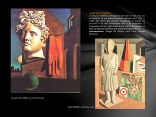 Giorgio DE CHIRILO, Canto d`Amore
Carlo CARRÁ, a Tenista, 1917
A PINTURA METAFÍSICA
A pintura metafísica antecipou-se em mais de dez anos ao
surrealismo. O seu desenvolvimento situa-se entre 1910 e
1920. Nas obras dos pintores metafísicos, o mundo do
concreto e do real confunde-se com o do imaginário. A
imaginação torna-se parte activa e essencial na introdução, na
tela, de objectos dispares e sem qualquer relação entre si.
Representantes: Giorgio De Chirico, Carlo Carrá, Giorgio
Morandi….
 