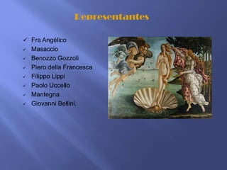 Representantes

 Fra Angélico
   Masaccio
   Benozzo Gozzoli
   Piero della Francesca
   Filippo Lippi
   Paolo Uccello
   Mantegna
   Giovanni Bellini.
 