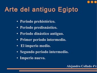 Arte del antiguo Egipto
●
●
●
●
●
●
●
Periodo prehistórico.
Periodo predisnástico.
Periodo dinástico antiguo.
Primer periodo intermedio.
El imperio medio.
Segundo periodo intermedio.
Imperio nuevo.
Alejandro Collado 4ºc
 