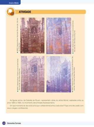 122
Ensino Médio
Elementos Formais
As figuras acima, da Catedral de Rouen, representam obras do artista Monet, realizadas entre os
anos 1880 e 1890, no movimento denominado Impressionismo.
Em que momento do dia você acha que o artista Monet pintou cada obra? Faça uma discussão com
seus colegas e professor(a).
	 ATIVIDADE
MONET,CatedraldeRouen.Vistafrontal.Óleosobretela,1894.Mu-
seud’Orsay,Paris
<
MONET,CatedraldeRouen.OPórticoeatorredeSaint-Romain.
Óleosobretela,1894.Museud’Orsay,Paris
<MONET,CatedraldeRouen.OPórticoeatorredeSaint-Romain.Óleo
sobretela,1894.MuseudeBelasArtes,Boston.
<
MONET,CatedraldeRouen.OPórticoeatorredeSaint-Romain.
Óleosobretela,1894.Museud’Orsay,Paris
<
 