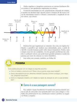 160
Ensino Médio
Elementos Formais
Ondas regulares e irregulares pertencem ao mesmo fenômeno físi-
co acústico e são igualmente importantes na música.
O nível da intensidade do som, popularmente chamado de volume,
é medido em decibéis (dp). Quanto maior o número de db maior o ní-
vel de intensidade (maior o volume), aumentando a amplitude da on-
da sonora, veja abaixo:
140120100806040200
Início
audiçao
Sala de aula
em prova
Sala
de aula
Alunos no
pátio
Sirene do
colégio
Sensação
dolorosa
Amplitude da
onda
Volume de-
cibéis
Existem leis que regularizam as emissões dos sons em regiões ha-
bitadas e aparelhos que medem suas intensidades, pois, a partir de
120 Db o ouvido humano pode sofrer danos irreparáveis. Porém, nem
sempre essas leis são cumpridas. Um dos grandes problemas das cida-
des é a poluição sonora, que pode trazer grandes prejuízos à saúde das
pessoas por meio do estresse ou outros distúrbios.
Leia sobre este assunto, também, no Folhas 06.
Como é a sua paisagem sonora?
Sua cidade é muito barulhenta? O número de pessoas falando jun-
tas na sala de aula pode estar prejudicando você, seus colegas e o tra-
balho dos professores? E sua contribuição sonora é positiva ou negati-
va? Pense a respeito.
z
Você poderá pesquisar com os colegas os seguintes assuntos:
	 Como é medido o volume do som? Quem criou e quando surgiu essa medição?
	 Qual a velocidade do som em diferentes materiais? Quando o homem conseguiu, com máqui-
nas, ultrapassar esse limite?
	 Como é a legislação brasileira com relação às regras da utilização do som e suas penalida-
des?
=
=
=
	 pesquisa
 