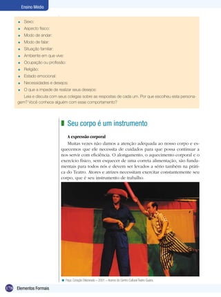 178
Ensino Médio
Elementos Formais
Sexo:
Aspecto físico:
Modo de andar:
Modo de falar:
Situação familiar:
Ambiente em que vive:
Ocupação ou profissão:
Religião:
Estado emocional:
Necessidades e desejos:
O que a impede de realizar seus desejos:
Leia e discuta com seus colegas sobre as respostas de cada um. Por que escolheu esta persona-
gem? Você conhece alguém com esse comportamento?
=
=
=
=
=
=
=
=
=
=
=
Seu corpo é um instrumento
A expressão corporal
Muitas vezes não damos a atenção adequada ao nosso corpo e es-
quecemos que ele necessita de cuidados para que possa continuar a
nos servir com eficiência. O alongamento, o aquecimento corporal e o
exercício físico, sem esquecer de uma correta alimentação, são funda-
mentais para todos nós e devem ser levados a sério também na práti-
ca do Teatro. Atores e atrizes necessitam exercitar constantemente seu
corpo, que é seu instrumento de trabalho.
z
Peça: Coração Dilacerado – 2001 – Acervo do Centro Cultural Teatro Guaira.<
 