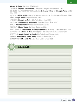 187
Arte
O jogo e o teatro
A Arte é de Todos. São Paulo: CENPEC, s/d.
CAILLOIS, R. Os jogos e os Homens: a máscara e a vertigem. Lisboa: Cotovia, 1990.
GONZÁLES, F. J.; FENSTERSEIFER, Paulo Evaldo. Dicionário Crítico de Educação Física. Ijuí: Ed.
Unijuí, 2005.
HUIZINGA, J. Homo ludens: o jogo como elemento de cultura. 4ª Ed. São Paulo: Perspectiva, 1996.
LOPES, J. Pega Teatro. Campinas: Papirus, 1989.
MAGALDI, S. Iniciação ao Teatro. São Paulo: Editora Ática, 2004.
PALLOTTINI, R. Introdução à Dramaturgia. São Paulo: Editora Ática, 1988.
PAVIS, P. Dicionário de Teatro. São Paulo: Perspectiva, 2003.
PEIXOTO, F. O Que é Teatro. São Paulo: Brasiliense, 2006.
PINHO, Silvia M. R. Fundamentos de Fonoaudiologia. Rio de Janeiro: Guanabara Koogan, 1998.
QUINTEIRO, E A. Estética da Voz: uma voz para o ator. São Paulo: Sumus Editorial, 1989.
REVERBEL, O. Jogos Teatrais na Escola. São Paulo: Editora Scipione, 1996.
SPOLIN, V. Improvisação para o Teatro. São Paulo: Perspectiva, 2005.
STANISLAVSKI, C. Manual do Ator. São Paulo: Martins Fontes, 2001.
	 ANOTAÇÕES
 