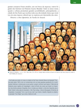 227
Arte
Arte Brasileira: uma ilustre desconhecida
grantes europeus foram atraídos, uns em busca de riquezas, outros fu-
gindo dos horrores da Primeira Guerra Mundial. Tanto as áreas rurais,
quanto a urbana prometiam grandes possibilidades, principalmente, a
cidade de São Paulo que recebeu toda essa diversidade étnica que resul-
tou em uma riqueza cultural que se expressa por intermédio das artes.
Observe a obra Operários, de Tarsila do Amaral.
Você sabia que existe um museu na cidade de São Paulo chamado Museu da Imigração? Pois
ele existe desde 1993 e tem um compromisso com as novas gerações guardando em si contri-
buições históricas e culturais para os que queiram, possam conhecer suas origens. O Memorial do
Imigrante possui registros de hospedagem, Listas de Bordo dos navios que traziam os imigran-
tes, documentos pessoais, fotografias, livros e revistas que retratam a vinda dos imigrantes para o
Brasil. Existem várias salas de exposição: a São Paulo antiga, a Sala da Navegação, Ambientes da
Hospedaria. A exposição “Com o suor de seu rosto” que mostra o trabalho imigrante na cidade e
a exposição “Ouro Negro” que conta a história do café.
TARSILA DO AMARAL. Operários, 1931. Óleo s/ tela, 120 x 205 cm. Coleção Palácio de Verão do Governo do Estado de São Paulo, Campos do Jordão. In:
BEUTTENMÜLLER, Prancha 6.
<
 