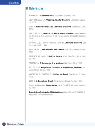 232
Ensino Médio
Movimentos e Períodos
Referências
ALAMBERT, F. A Semana de 22. São Paulo: Scipione, 2000.
BEUTTENMÜLLER, A. Viagem pela Arte Brasileira. São Paulo: Aquaria-
na, 2002.
BOSI, A. História Concisa da Literatura Brasileira. São Paulo: Cultrix,
2004.
BRITO, M. da S. História do Modernismo Brasileiro. Antecedentes
da Semana de Arte Moderna. 6ª ed. Rio de Janeiro: Civilização Brasileira,
1997.
FARACO. C. E.; MOURA, Francisco Marto de. Literatura Brasileira. São
Paulo: Ática S.A., 1988.
MANGUE, M. D. Arte Brasileira para Crianças. São Paulo: Martins Fontes,
1988.
PROENÇA, M. das G. V. História da Arte. 4ª ed. São Paulo: Ática, Bra-
sil, 1994.
REZENDE, N. A Semana de Arte Moderna. São Paulo: Ática, 2000.
TELLES, G. M. Vanguardas Européias e Modernismo Brasileiro. Ed.
Vozes: Rio de Janeiro, 1999.
VICENTINO, C.; DORIGO, G. História do Brasil. São Paulo: Scipione,
1997.
ZILIO, C. A Querela do Brasil. Rio de Janeiro: Edição Funarte, 1982.
Projeto Arte Brasileira. Modernismo. Local: FUNARTE, Ministério da Cultu-
ra, 1986.
Exposição Alfredo Volpi: Múltiplas Faces. Local: Projeto Arte SESC. Al-
fredo Volpi: Um Percurso Visual.
z
 