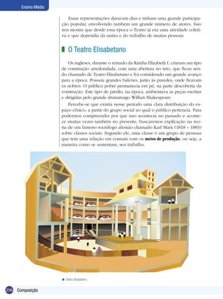 296
Ensino Médio
Composição
Essas representações duravam dias e tinham uma grande participa-
ção popular, envolvendo também um grande número de atores. Isso
nos mostra que desde essa época o Teatro já era uma atividade coleti-
va e que dependia da união e do trabalho de muitas pessoas.
O Teatro Elisabetano
Os ingleses, durante o reinado da Rainha Elizabeth I, criaram um tipo
de construção arredondada, com uma abertura no teto, que ficou sen-
do chamado de Teatro Elisabetano e foi considerado um grande avanço
para a época. Possuía grandes balcões, junto às paredes, onde ficavam
os nobres. O público pobre permanecia em pé, na parte descoberta da
construção. Este tipo de prédio, na época, ambientava as peças escritas
e dirigidas pelo grande dramaturgo Willian Shakespeare.
Percebe-se que existia nesse período uma clara distribuição do es-
paço cênico, a partir do grupo social ao qual o público pertencia. Para
podermos compreender por que isso acontecia no passado e aconte-
ce muitas vezes também no presente, buscaremos explicação na teo-
ria de um famoso sociólogo alemão chamado Karl Marx (1818 – 1883)
sobre classes sociais. Segundo ele, uma classe é um grupo de pessoas
que tem uma relação em comum com os meios de produção, ou seja, a
maneira como se sustentam, seu trabalho.
z
Teatro Elisabetano.<
 