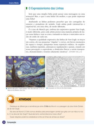 30 Composição
Ensino Médio
O Expressionismo das Linhas
Será que uma simples linha pode passar uma mensagem ou uma
sensação? Mas, o que é uma linha? Ou melhor, o que pode expressar
uma linha?
Analisando as linhas podemos perceber que são carregadas de
emoção e portadoras de sentido. Cada artista pode estruturá-las e
expressá-las, em uma obra, de modo diferente.
É o caso de Munch que, embora tão expressivo quanto Van Gogh,
é muito diferente, pois cada artista possui uma maneira própria de tra-
çar essas linhas e usar as cores, tornando-as únicas e marcantes em ra-
zão do estilo de cada um.
“Vejamos a qualidade expressiva das linhas de Van Gogh: os traços
são curtos, ele usa pequenas “vírgulas” e curvas, em breves momentos
de espaço e tempo, justapostas numa repetição enfática. As seqüên-
cias, também repetidas, adensam-se rapidamente e param, criando em
nossa percepção o equivalente a obstáculos físicos a serem transpos-
tos, dramaticidades e tensões altamente emotivas”. (OSTROWER 1983, p. 32)
z
VINCENT VAN GOGH. A Noite Estrelada, 1889. Óleo sobre tela 73 x 92 cm.
Museu de Arte Moderna, Nova York.
< Composição com linhas da Obra Noite Estrelada.<
Destaque as diferenças e semelhanças entre O Grito de Munch e a paisagem da obra Noite Estrela-
da de Van Gogh.
Na obra de Munch O Grito somos atraídos pela personagem central que grita com as mãos no ros-
to. E na obra de Van Gogh? Qual elemento central direciona nosso olhar?
Quais relações podemos estabelecer entre as linhas de ambas as obras?
	 ATIVIDADE
 
