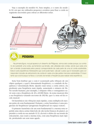 325
Arte
Como fazer a cobra subir?
Veja o exemplo do modelo 01, bem simples, e o outro do mode-
lo 02, em que são utilizados pequenos cavaletes para fixar a corda no
segmento necessário para entoar as diferentes notas.
Modelo 01<
Modelo 02<
Monocórdios
Seria bom lembrar que o som é ocasionado pela vibração de um
objeto qualquer, a qual é denominada freqüência, e a unidade da fre-
qüência é denominada Hertz. Quanto mais tensa a corda estiver, ela
produzirá uma freqüência mais rápida, aumentado o número de Hz.
No ouvido humano, por exemplo, o tímpano vibra e conseguimos ou-
vir sons com a freqüência de 20 a 20.000 Hertz. As notas musicais têm
a sua freqüência variando em torno de 392 Hz, que é a nota sol da es-
cala musical.
Os harmônicos são vibrações mais rápidas, como múltiplos do mes-
mo pulso do som fundamental. Portanto, a série harmônica é uma pro-
gressão de freqüências (progressão freqüêncial) no espaço sonoro.
O primeiro harmônico de um som fundamental é a mesma nota re-
petida uma oitava acima (intervalo de oito teclas brancas do piano), ao
prender a corda na sua metade (1/2), ela terá o dobro de sua tensão de
esticamento, mas soará a mesma nota, com uma freqüência mais rápi-
da, produzindo um som mais agudo.
Na primeira figura, na qual aparece um desenho de Pitágoras, vemos seis cordas porque, ao contrá-
rio de subdividir uma corda, aumentando sua tensão, são utilizadas seis cordas, sendo que cada uma
tem a tensão (ocasionada pelos pesos) correspondente de cada parte de uma só corda subdividida.
Esta é outra experiência interessante que você pode fazer, calcular o peso que é necessário para cor-
responder à tensão de esticamento da corda em cada uma das partes menores subdivididas. É impor-
tante que você busque na física o conceito de tensão e freqüência para realizar esta experiência.
	 pesquisa
 
