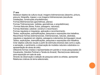 7º ano
Destacar objetos da cultura visual, imagens bidimensionais (desenho, pintura,
gravura, fotografia, mapas), e as imagens tridimensionais (esculturas
instalações, construções arquitetônicas).
Formas Bidimensionais (geométricas, planas)
Formas Tridimensionais (sólidas, geométricas, e arquitetônicas).
.Formas Naturais (flores, frutos, paisagens, natureza).
Formas Abstratas ( abstrair, construir e reconhecer)
Formas regulares e irregulares, aplicação e reconhecimento.
Textos, explicações, exemplificações, pesquisas e exposições dos trabalhos.
Reconhecer formas (bidimensionais, tridimensionais, naturais, abstratas,
regulares e regulares) em objetos, paisagens e elementos da linguagem visual.
Textos, explicações, exemplificações, pesquisas e exposições dos trabalhos.
Criar objetos culturais visuais a partir de estímulos diversos (tais como a ação,
a sensação, o sentimento, a observação de modelos naturais e abstratos e a
apresentação de obras de arte).
Utilizando formas criadas e representadas em painéis e novas pesquisadas (Di
Cavalcante, Cândido Portinari e Tarsila do Amaral) Recriar(novas releituras)
para exposição em sala de aula.
Através da observação e seleção de pesquisa sobre os artistas, apresentar
Releituras criativas do tema selecionado.
 