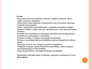 8º ano
Reconhecer técnicas (desenhos, pinturas, colagens, gravuras, relevo,
móbile, escultura, fotografia).
(Reconhecer cores (pigmento, transparente e luz) em pinturas, gravuras,
fotografia e tecnologias).
Textos, explicações e exemplificações, confecção de painéis e cartões.
Elaborar Critérios e regras para um seminário com o sub- tema do Projeto
Temático.
Entender-se na condição de apreciador e produtor cultural valorizando a
importância e participação, no seminário.
Propiciar e mediar a criação e divulgação do seminário.
Produzir e reconhecer técnicas fotográficas (planos fotográficos) e Movie-
Maker.
Pesquisar e ilustrar com colagens os planos fotográficos.
Fotografar em grupo, planos fotográficos assimilados, salvar e produzir
uma apresentação em Movie-Maker .
Inserir musica Tema e mensagem de ações humanitárias.
Explicações, exemplificações, anotações, pesquisa e produção em Cd do
Movie-Maker.
 