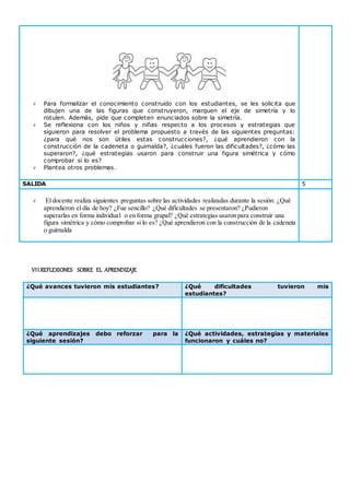  Para formalizar el conocimiento construido con los estudiantes, se les solicita que
dibujen una de las figuras que construyeron, marquen el eje de simetría y lo
rotulen. Además, pide que completen enunciados sobre la simetría.
 Se reflexiona con los niños y niñas respecto a los procesos y estrategias que
siguieron para resolver el problema propuesto a través de las siguientes preguntas:
¿para qué nos son útiles estas construcciones?, ¿qué aprendieron con la
construcción de la cadeneta o guirnalda?, ¿cuáles fueron las dificultades?, ¿cómo las
superaron?, ¿qué estrategias usaron para construir una figura simétrica y cómo
comprobar si lo es?
 Plantea otros problemas.
SALIDA 5
 El docente realiza siguientes preguntas sobre las actividades realizadas durante la sesión: ¿Qué
aprendieron el día de hoy? ¿Fue sencillo? ¿Qué dificultades se presentaron? ¿Pudieron
superarlas en forma individual o en forma grupal? ¿Qué estrategias usaron para construir una
figura simétrica y cómo comprobar si lo es? ¿Qué aprendieron con la construcción de la cadeneta
o guirnalda
VII.REFLEXIONES SOBRE EL APRENDIZAJE
¿Qué avances tuvieron mis estudiantes? ¿Qué dificultades tuvieron mis
estudiantes?
¿Qué aprendizajes debo reforzar para la
siguiente sesión?
¿Qué actividades, estrategias y materiales
funcionaron y cuáles no?
 
