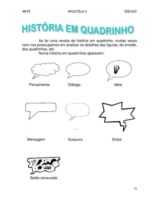 ARTE APOSTILA 2 CEESVO
24
Ao ler uma revista de história em quadrinho, muitas vezes
nem nos preocupamos em analisar os detalhes das figuras, do enredo,
dos quadrinhos, etc.
Numa história em quadrinhos aparecem:
Pensamento Diálogo Idéia
Mensagem Sussurro Gritos
Balão censurado
 