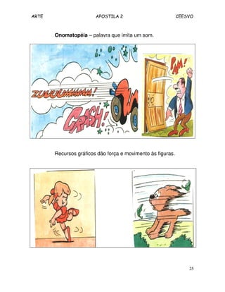 ARTE APOSTILA 2 CEESVO
25
Onomatopéia – palavra que imita um som.
Recursos gráficos dão força e movimento às figuras.
 