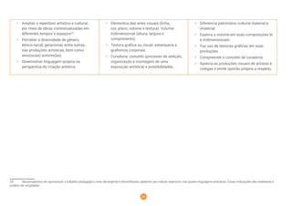 28
• Ampliar o repertório artístico e cultural,
por meio de obras contextualizadas em
diferentes tempos e espaços24
.
• Perceber a diversidade de gênero,
étnico-racial, geracional, entre outras,
nas produções artísticas, bem como
seus(suas) autores(as).
• Desenvolver linguagem própria na
perspectiva de criação artística.
• Elementos das artes visuais (linha,
cor, plano, volume e textura). Volume:
tridimensional (altura, largura e
comprimento).
• Textura gráfica ou visual: estamparia e
grafismos corporais.
• Curadoria: conceito (processo de seleção,
organização e montagem de uma
exposição artística) e possibilidades.
• Diferencia patrimônio cultural material e
imaterial.
• Explora o volume em suas composições bi
e tridimensionais.
• Faz uso de texturas gráficas em suas
produções.
• Compreende o conceito de curadoria.
• Aprecia as produções visuais de artistas e
colegas e emite opinião própria a respeito.
24 Na perspectiva de oportunizar o trabalho pedagógico mais abrangente e diversificado, optamos por indicar repertório nas quatro linguagens artísticas. Essas indicações são maleáveis e
podem ser ampliadas
 