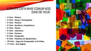 ESTA É A LISTA MAIS COMUM NOS
DIAS DE HOJE:
• 1ª Arte - Música;
• 2ª Arte - Dança / Coreografia;
• 3ª Arte - Pintura;
• 4ª Arte - Escultura / Arquitetura;
• 5ª Arte - Teatro;
• 6ª Arte - Literatura;
• 7ª Arte - Cinema;
• 8ª Arte - Fotografia;
• 9ª Arte - Histórias em Quadrinhos;
• 10ª Arte - Jogos de Computador e de Vídeo;
• 11ª Arte - Arte digital.
 