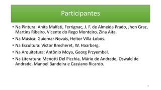Participantes
• Na Pintura: Anita Malfati, Ferrignac, J. F. de Almeida Prado, Jhon Graz,
Martins Ribeiro, Vicente do Rego Monteiro, Zina Aita.
• Na Música: Guiomar Novais, Heitor Villa-Lobos.
• Na Escultura: Victor Brecheret, W. Haarberg.
• Na Arquitetura: Antônio Moya, Georg Przyembel.
• Na Literatura: Menotti Del Picchia, Mário de Andrade, Oswald de
Andrade, Manoel Bandeira e Cassiano Ricardo.
8
 