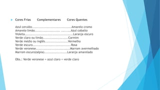  Cores Frias Complementares Cores Quentes
Azul ceruléo....................................Amarelo cromo
Amarelo limão....................... .........Azul cobalto
Violeta............................................Laranja escuro
Verde claro ou limão.......................Carmim
Verde médio ou inglês.....................Vermelho
Verde escuro...................................Rosa
Verde veronese...............................Marrom avermelhado
Marrom escuro(sépia).....................Laranja amarelado
Obs.: Verde veronese = azul claro + verde claro
 