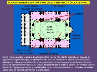 INTERIOR DE SAN VITALSan Vital se aleja de la influencia romana, pero no abandona una cierta concepción occidental. Busca la articulación racional del espacio, establece  proporcionesesbeltas con altos pilares que acentúan la verticalidad y añade a la base de la cúpula un tambor con ventanales que iluminan el espacio central. 