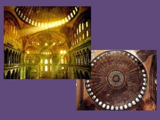 LA BASÍLICA DE SANTA SOFÍA: PLANTAPLANTA CENTRALIZADA CON CRUZ GRIEGA INSCRITA Y CÚPULA CENTRALSanta Sofía sintetiza la planta basilical de tres naves y la planta central con cúpula. La iglesiaestuvo precedida por un atrioporticado con una fuente en el centro y un vestíbulo o nártexque daba entrada al templo, a través de unasimponentespuertas de bronce. Perosu planta es estrictamente basilical. El temploconsta de tres naves: la central (en verde) se cubre a base de cúpulaso exedras; y las laterales(rosa) estabancubiertas con bóvedas de arista. Sobre ellas se asentaba la tribuna o matroneum.