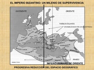 EL IMPERIO BIZANTINO: UN MILENIO DE SUPERVIVENCIA
OCCIDENTE ORIENTE
PUEBLOS ESLAVOS
ÁRABES
(EVANGELIZADOS POR LOS BIZANTINOS)
IMPERIO ROMANO DE ORIENTE
TURCOS
PROGRESIVA REDUCCIÓN DEL ESPACIO GEOGRÁFICO
 