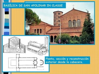 BASÍLICA DE SAN APOLINAR IN CLASSE
Planta, sección y reconstrucción
exterior desde la cabecera.
 