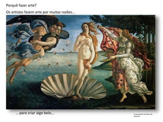 Os artistas fazem arte por muitas razões…
O nascimento de Vénus de
Botticelli.
Porquê fazer arte?
… para criar algo belo…
 