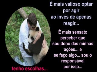 É mais valioso optar
por agir
ao invés de apenas
reagir...
É mais sensato
perceber que
sou dono das minhas
ações... e
se faço algo... sou o
responsável
por isso...
tenho escolhas...
 