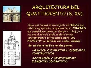 ARQUITECTURA DEL QUATTROCENTO (S. XV):  Basa  sus formas en un conjunto de  REGLAS  que estaban agrupadas en esquemas fijos o  CÁNONES  que   permitían economizar tiempo y trabajo, a la vez que el edificio podía confeccionarse constantemente al trabajarse sobre  “UN PROYECTO” ya definido con reglas comunes  Se concibe el edificio en dos partes  ARMAZÓN O ESTRUCTURA: ELEMENTOS CONSTRUCTIVOS. DECORACIÓN O REVESTIMIENTO: ELEMENTOS DECORATIVOS. 