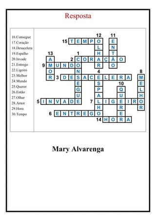 Resposta
16.Consegue
17.Coração
18.Desacelera
19.Espalho
20.Invade
21.Entrego
22.Ligeiro
23.Melhor
24.Mundo
25.Querer
26.Então
27.Olhar
28.Amor
29.Hora
30.Tempo
12 11
15 T E M P O E
L N
13 1 H T
A 2 C O R A Ç Ã O
9 M U N D O R O
O N 4 8
R 3 D E S A C E L E R A M
E S 10 E
G P Q L
U A U H
5 I N V A D E 7 L I G E I R O
H R R
6 E N T R E G O E
14 H O R A
Mary Alvarenga
 