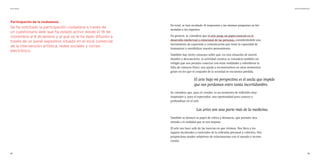 29
Arte Fertil Informe ENE2021
30
En total, se han recabado 41 respuestas a las mismas preguntas ya for-
muladas a los expertos.
En general, se considera que el arte juega un papel esencial en el
desarrollo intelectual y emocional de las personas, considerándolo una
herramienta de expresión y comunicación que tiene la capacidad de
humanizar y sensibilizar nuestro pensamiento.
También hay cierto consenso sobre que, en esta situación de incerti-
dumbre y desconcierto, la actividad creativa se considera también un
refugio que nos permite conectar con otras realidades y sobrellevar la
falta de contacto físico: nos ayuda a reconstruirnos en unos momentos
grises en los que el conjunto de la sociedad se encuentra perdida.
Se considera que, para el creador, es un momento de reflexión muy
inspirador y, para el espectador, una oportunidad para conocer y
profundizar en el arte.
También se destacó su papel de crítica y denuncia, que permite otra
mirada a la realidad que se nos impone
El arte nos hace salir de las inercias en que vivimos. Nos lleva a los
lugares incómodos y esenciales de la reflexión personal y colectiva. Nos
proporciona modos subjetivos de relacionarnos con el mundo y recons-
truirlo.
El arte bajo mi perspectiva es el ancla que impide
que nos perdamos entre tanta incertidumbre.
Las artes son una parte más de la medicina.
Participación de la ciudadanía
Se ha solicitado la participación ciudadana a través de
un cuestionario web que ha estado activo desde el 16 de
noviembre al 6 diciembre y al que se le ha dado difusión a
través de un panel expositivo situado en el local comercial
de la intervención artística, redes sociales y correo
electrónico.
 