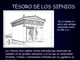 TESORO DE LOS SIFNIOS Los Tesoros eran capillas votivas (ofrenda) que construían las ciudades en los grandes santuarios y en los que se conservaban ofrendas, trofeos o instrumentos utilizados por los jugadores en los juegos Es el templo in-antis más antiguo, construido hacia el 530 a.C..  . 