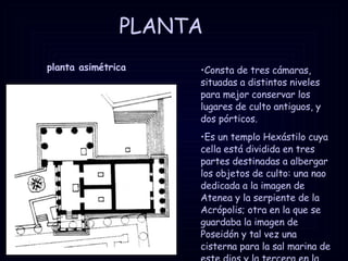 PLANTA planta asimétrica Consta de tres cámaras, situadas a distintos niveles para mejor conservar los lugares de culto antiguos, y dos pórticos. Es un templo Hexástilo cuya cella está dividida en tres partes destinadas a albergar los objetos de culto: una nao dedicada a la imagen de Atenea y la serpiente de la Acrópolis; otra en la que se guardaba la imagen de Poseidón y tal vez una cisterna para la sal marina de este dios y la tercera en la que se veneraba a Erecteo.  