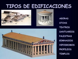 TIPOS DE EDIFICACIONES AGORAS STOAS TEATROS SANTUARIOS PALESTRAS GIMNASIOS HIPODROMOS PROPILEOS TEMPLOS 