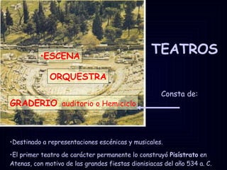 TEATROS ESCENA ORQUESTRA GRADERIO :  auditorio o Hemiciclo Consta de: Destinado a representaciones escénicas y musicales.  El primer teatro de carácter permanente lo construyó  Pisístrato  en Atenas, con motivo de las grandes fiestas dionisiacas del año 534 a. C. 
