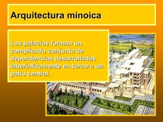 Arquitectura minoicaArquitectura minoica
Los palacios forman unLos palacios forman un
complicado conjunto decomplicado conjunto de
dependencias desarrolladasdependencias desarrolladas
laberlaberíínticamente en torno a unnticamente en torno a un
patio central.patio central.
 