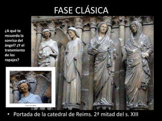 FASE CLÁSICA
• Portada de la catedral de Reims. 2ª mitad del s. XIII
¿A qué te
recuerda la
sonrisa del
ángel? ¿Y el
tratamiento
de los
ropajes?
 
