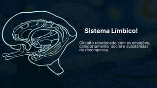 Sistema Límbico!
Circuito relacionado com as emoções,
comportamento social e substâncias
de recompensa.
 
