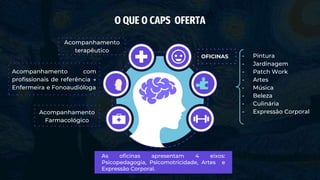 O QUE O CAPS OFERTA
OFICINAS - Pintura
- Jardinagem
- Patch Work
- Artes
- Música
- Beleza
- Culinária
- Expressão Corporal
Acompanhamento
terapêutico
Acompanhamento com
profissionais de referência →
Enfermeira e Fonoaudióloga
Acompanhamento
Farmacológico
As oficinas apresentam 4 eixos:
Psicopedagogia, Psicomotricidade, Artes e
Expressão Corporal.
 