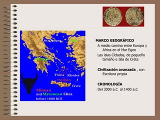 MARCO GEOGRÁFICO A medio camino entre Europa y Africa en el Mar Egeo Las islas Cícladas, de pequeño tamaño e Isla de Creta Civilización avanzada  , con Escritura propia CRONOLOGÍA Del 3000 a.C  al 1400 a.C 