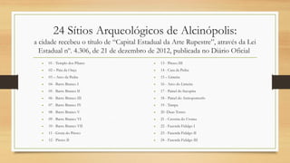 24 Sítios Arqueológicos de Alcinópolis:
a cidade recebeu o título de “Capital Estadual da Arte Rupestre”, através da Lei
Estadual nº. 4.306, de 21 de dezembro de 2012, publicada no Diário Oficial
• 01 - Templo dos Pilares
• 02 – Pata da Onça
• 03 – Arco da Pedra
• 04 - Barro Branco I
• 05 - Barro Branco II
• 06 - Barro Branco III
• 07 - Barro Branco IV
• 08 - Barro Branco V
• 09 - Barro Branco VI
• 10 - Barro Branco VII
• 11 - Gruta do Pitoco
• 12 - Pitoco II
• 13 - Pitoco III
• 14 - Casa da Pedra
• 15 – Limeira
• 16 - Arco do Limeira
• 17 - Painel do Sucupira
• 18 - Painel do Antropomorfo
• 19 - Tampa
• 20 -Duas Torres
• 21 - Caverna do Urutau
• 22 - Fazenda Fidalgo I
• 23 - Fazenda Fidalgo II
• 24 - Fazenda Fidalgo III
 